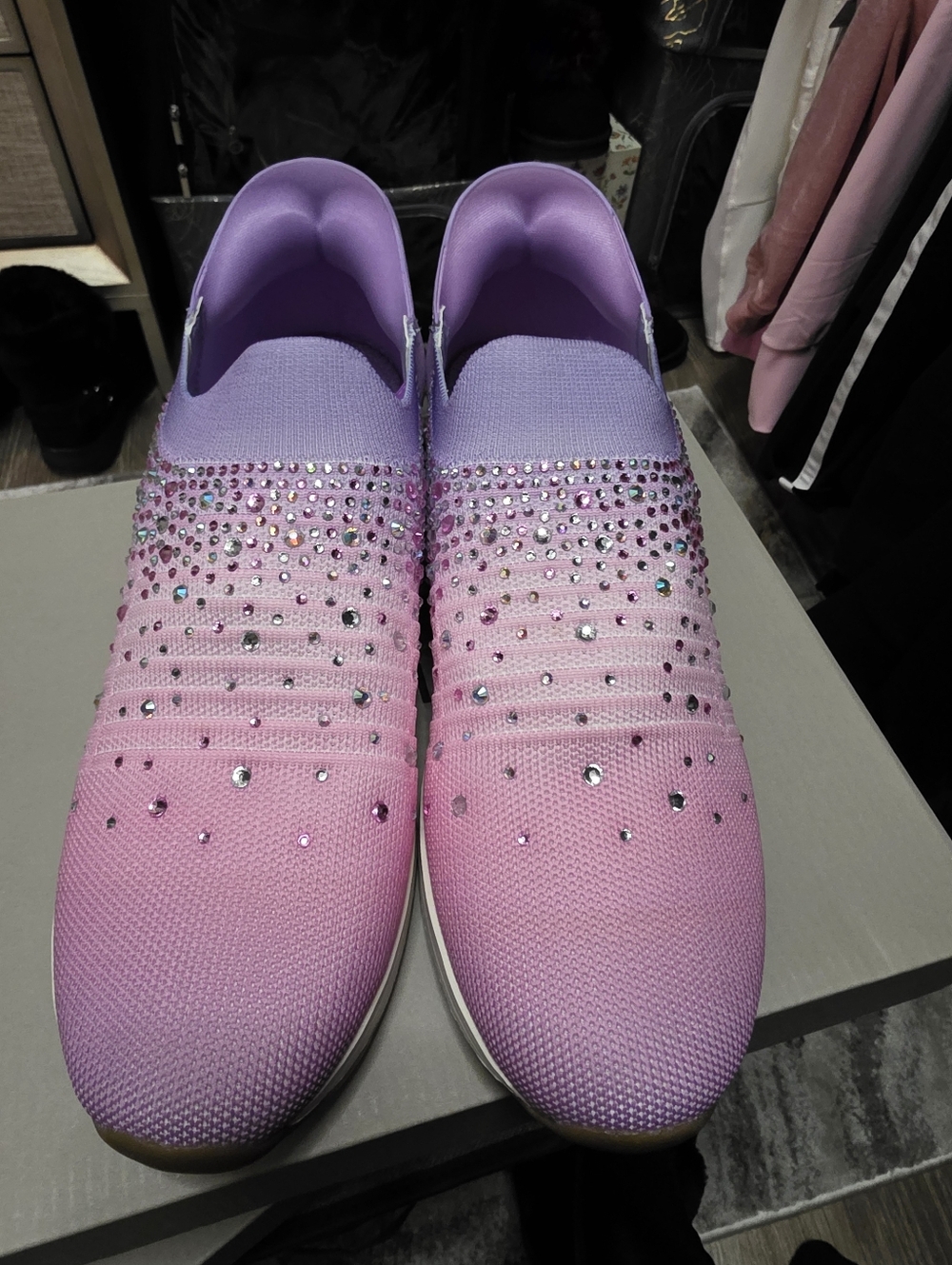 Slip-On Women's Knit Sneakers with Pink to Lavender Ombre and Crystal Accents